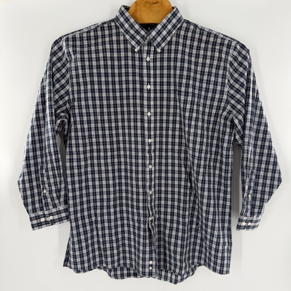 Stafford Mens Plaid Button Down Shirt 18 34-35 Regular Fit Navy White Yellow